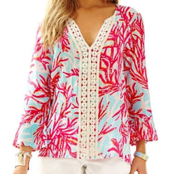 Lilly Pulitzer Luci V-Neck Cotton Tunic Size XXS Lightweight Vacation Coastal - Picture 2 of 16